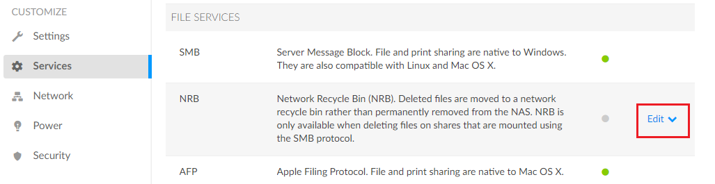 Edit Network Recycle Bin (NRB) Service
