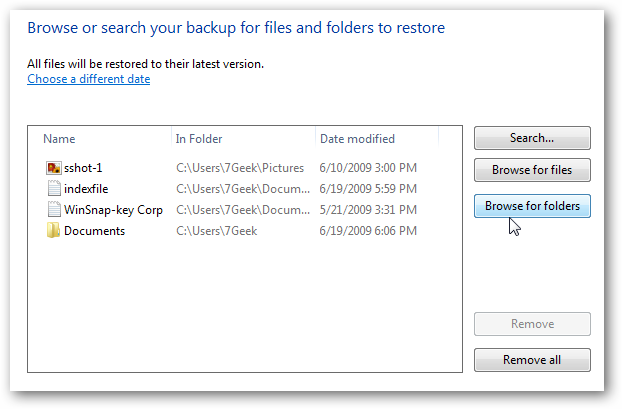 Select files to restore